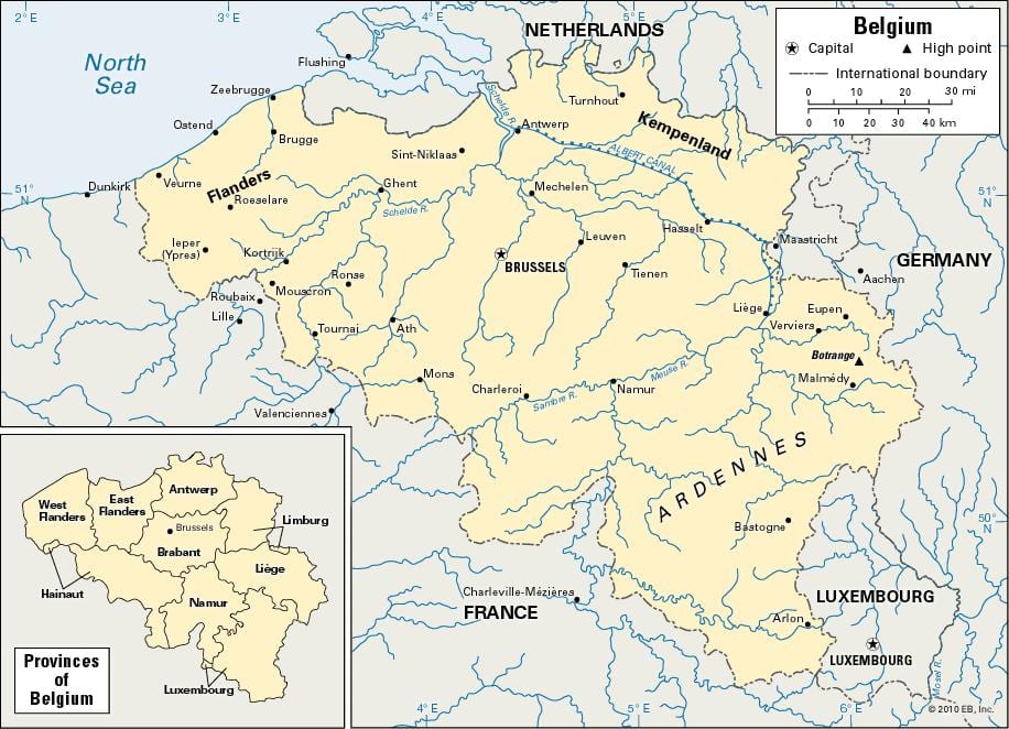 地図のベルギーおよび周辺諸国